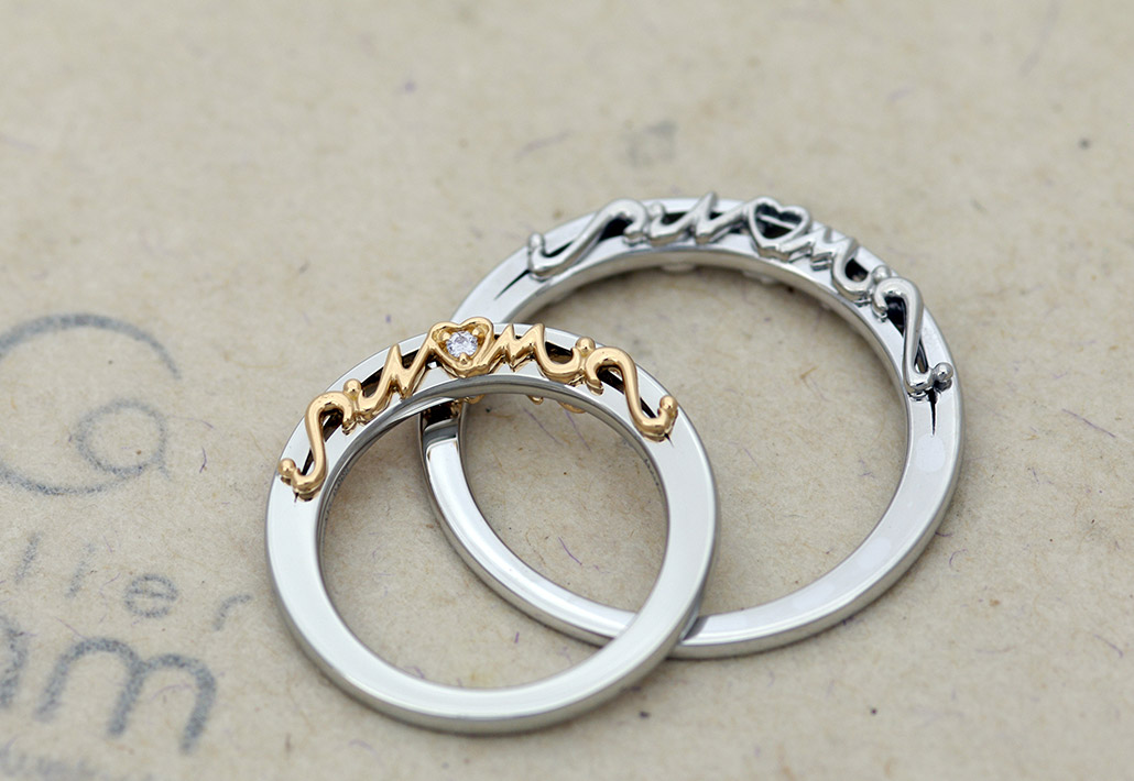 ぷっくりデザインがかわいいプラチナとピンクゴールドの結婚指輪とメンズ用のホワイトゴールドの結婚指輪