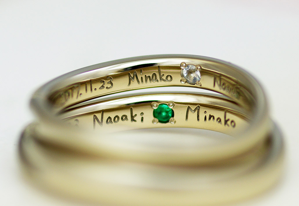 直筆の文字を刻印したオーダージュエリー専門店アトリエクラムで人気のブラウンゴールドの結婚指輪（マリッジリング）